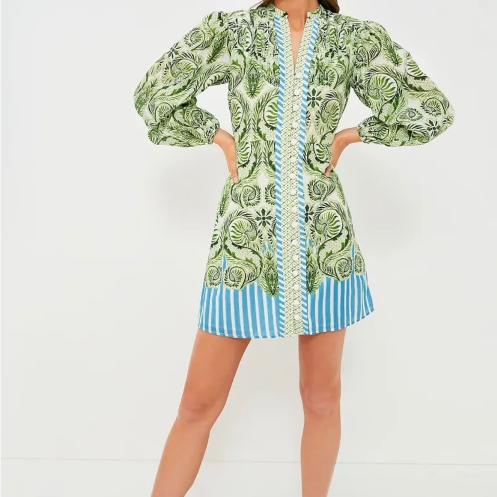 Elegant Green and Blue Long Sleeve Dress